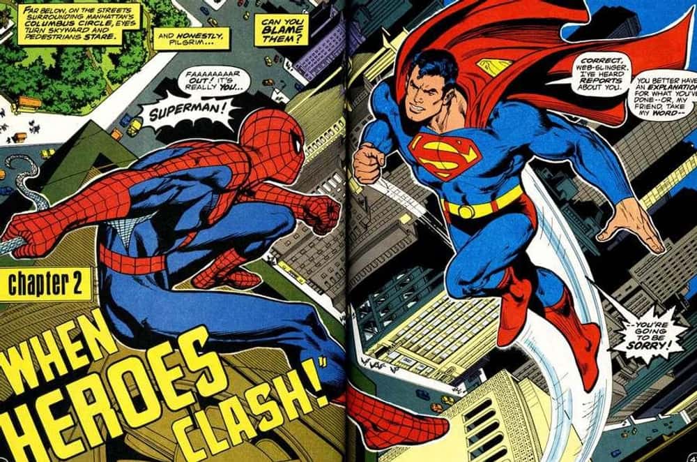 Comic book spread showing two heroes flying above a city